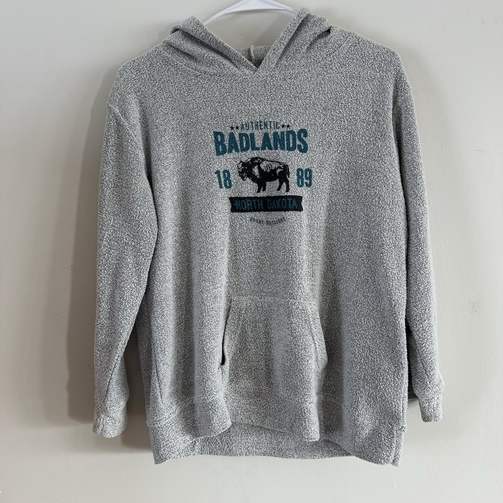 Kids Unisex Badlands‎ ND Hooded Sweatshirt Terry Cloth Gray Buffalo XL Cotton